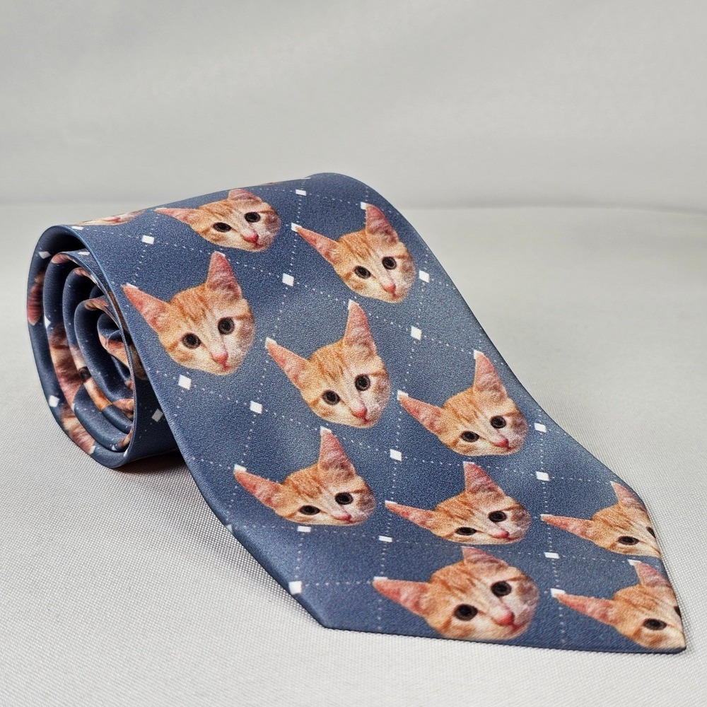 J Subli Textile Mens Blue Orange Tabby Cat Kitten Novelty Necktie Polyester